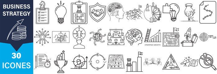 A collection of 30 business strategy icons presented in a distinctive silhouette style, showcasing various concepts and ideas.