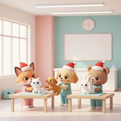 Cute Christmas veterinary clinic with doctor caring for animal in festive holiday scene
