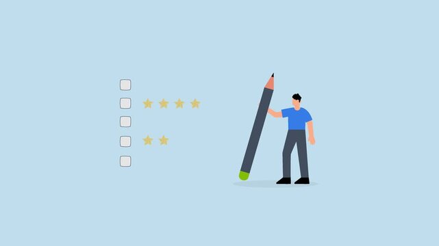 satisfaction feedback, considerate entrepreneur gripping pencil to assess star reviews