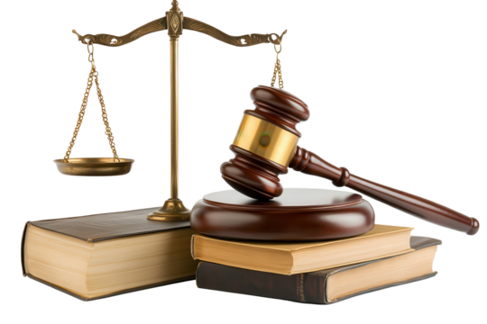 Wooden gavel resting on books next to scales of justice, symbolizing law and order in a legal setting
