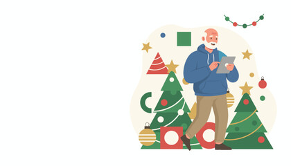 Smiling senior man shops online using a tablet surrounded by festive Christmas decorations