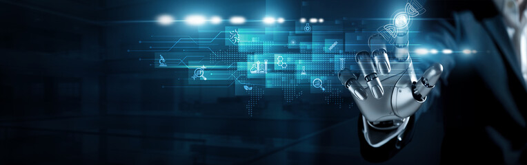 Humanoid robot touch biotechnology concept. Innovation in genetic engineering, medical research,...