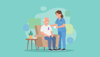 Nurse provides compassionate care to a senior man wearing a purple awareness ribbon symbolizing health support
