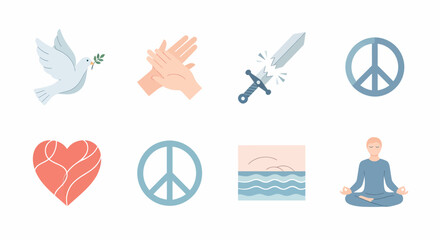 Set of peace and harmony icons dove with olive branch, clapping hands, broken sword, peace symbol, heart, calm sea, and person meditating