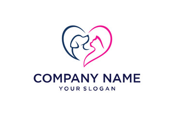 Line Art Dog and Cat Profiles in Heart Shape Logo Design for Pet Care