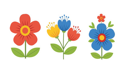 A collection of three stylized, flat design flowers in vibrant colors, presented as vector art on a white background.