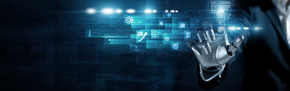 Humanoid robot touch content management concept. Intelligent systems organizing, optimizing, and delivering digital information across platforms for seamless workflow efficiency. - Powered by Adobe