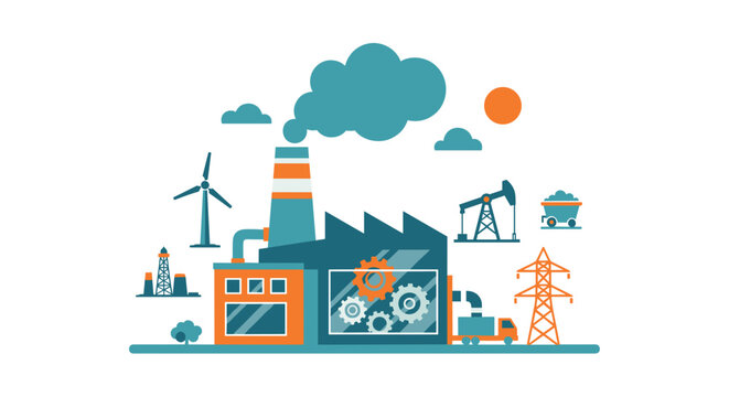 Industrial ecosystem illustration factory pollution renewable energy and fossil fuel sources