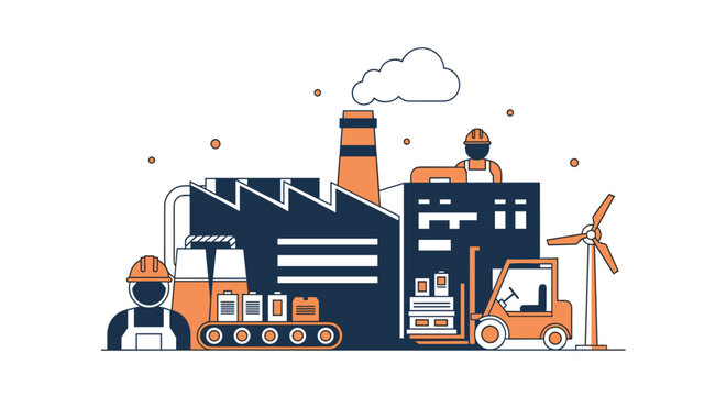 Manufacturing industry concept illustration with factory workers conveyor belt and sustainable energy