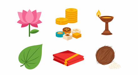 Set of traditional Hindu religious festival symbols and worship offering items