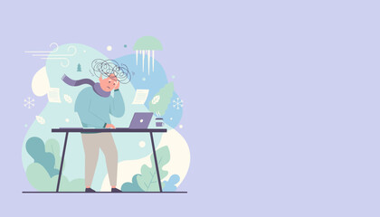 Stressed worker battling cold and complex tasks with chaotic thoughts and mental fatigue Copy space