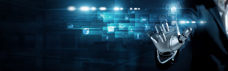 Humanoid robot touch digital marketing concept. AI-powered analytics, social media engagement, and data insights driving global brand growth and audience connection.