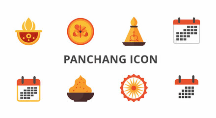 Collection of traditional Hindu festival and calendar icons, illustrating cultural elements like diyas, astrological symbols, and date indicators for various religious observances