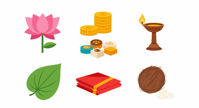 Set of traditional Hindu religious festival symbols and worship offering items
