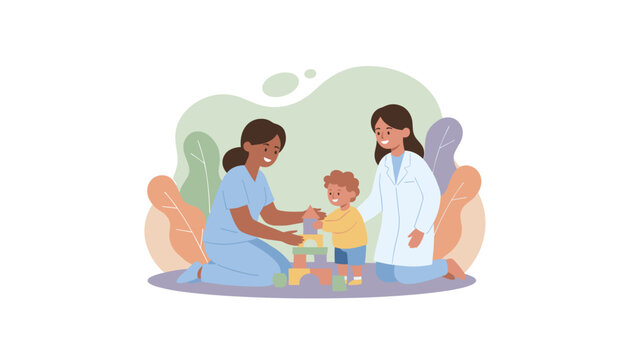 Pediatric therapy medical staff and child building blocks for development and rehabilitation