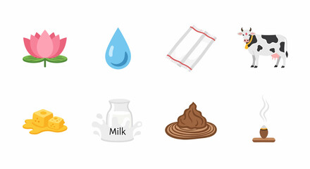 Assortment of Icons Lotus, Water Drop, Towel, Cow, Butter, Milk, Dung, and Incense for Design