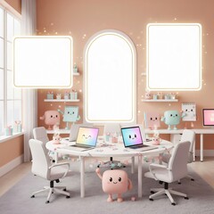 Cute Christmas office celebration with laptop notebook and coffee mug character in cozy pastel workspace