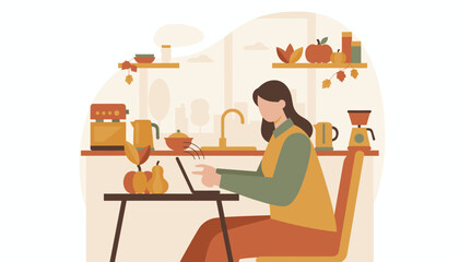 Remote work concept Woman using laptop in an autumnal kitchen setting
