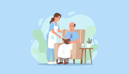Professional caregiver assists man reading symbolizing home care patient support and health awareness