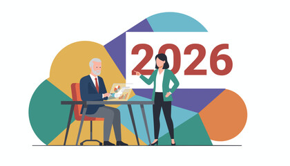 Business team plans 2026 strategy reviewing data and future corporate goals