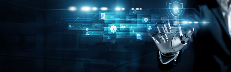 Humanoid robot touch information security concept. Protecting digital assets with encryption, AI threat detection, and multi-layered defense ensuring confidentiality and cyber resilience.