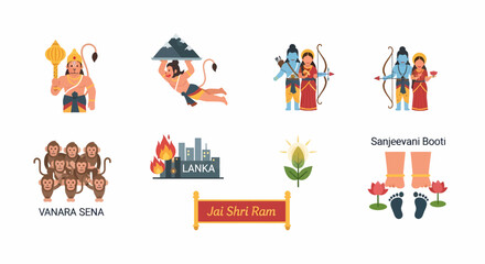 Naklejka premium Hindu Epics Characters and Symbols Flat Vector Set