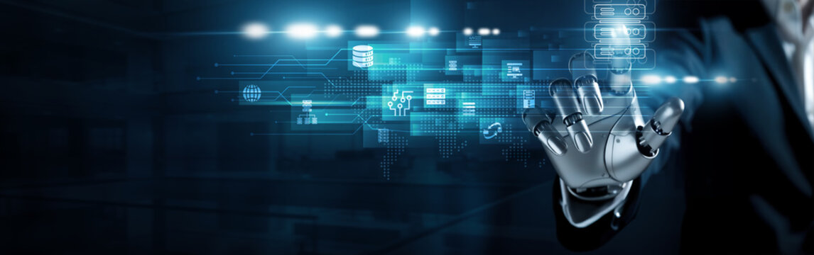 Humanoid robot touch hosting concept. Cloud infrastructure delivering high-performance data storage, secure servers, and scalable digital environments for global connectivity.