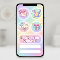 Cute festive Christmas mobile app update screen with elf gift and cheerful holiday interface design