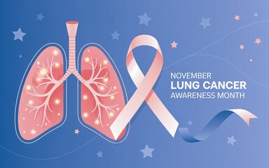 Fototapeta premium Vibrant Graphic for November Lung Cancer Awareness Month with Anatomical Lungs Showing Disease and a Light Pink Awareness Ribbon