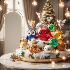 Cute Christmas jewelry display with fairy light gem animal ring and festive ornament decoration