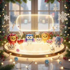 Cute Christmas jewelry display with fairy light gem animal ring and festive ornament decoration