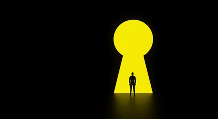 Man standing silhouetted against a bright yellow keyhole revealing new possibilities and opportunities