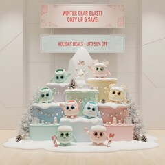 Cute pastel winter store display with plush toy and gift decoration for Christmas shopping season
