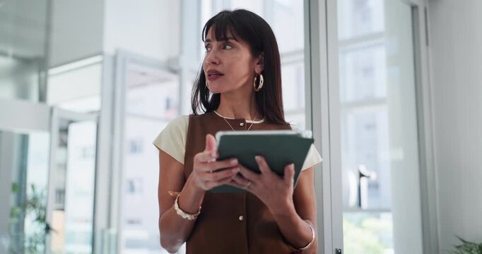 Thinking, creative and woman on tablet for story, article review and feedback in office. Media agency, editor and person with ideas for on digital tech for online publication, research or planning
