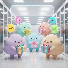 Cute cloud character with holiday gift in data server room representing festive cloud technology