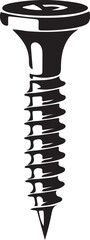 Black Silhouette of a Single Wood Screw on White Background Keywords: screw, wood screw, fastener, hardware, metal, tool, construction, building, DIY, repair, fixing, object, isolated