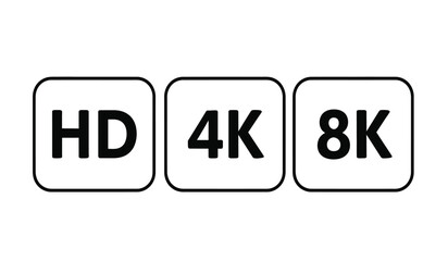 High definition technology resolution icons: hd, 4k, and 8k video display standards comparison graphic