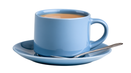 Blue cup of coffee with a spoon on a saucer isolated on transparent background