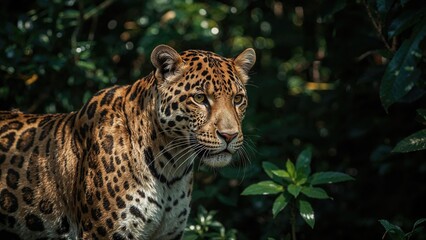 Obraz premium A jaguar in its natural habitat surrounded by lush greenery. Wildlife and jungle environment. The beauty of wild animals in nature. The concept of wildlife conservation.