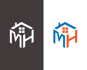 Fototapeta premium Hexagonal house logo with M H initials and windows on dark and vector template white backgrounds
