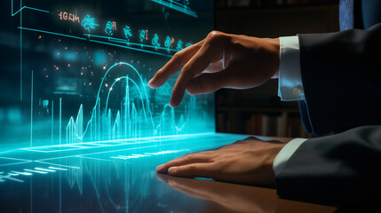 Businessman Interacting with Futuristic Holographic Interface, Analyzing Digital Financial Data and Business Charts. Advanced Technology for Strategy and Innovation.
