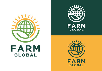 Global agriculture environment icon. Environment and ecology symbol. Green leaf and earth globe design with sun. Green colored vector image. Green Earth, Sun, World Environment, global agriculture vec