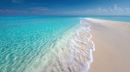 Aerial view of a pristine sandbar, turquoise ocean, white beach, and a blue sky on a sunny day