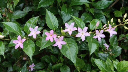 Naklejka premium Bright pink flowers and green leaves on a plant.