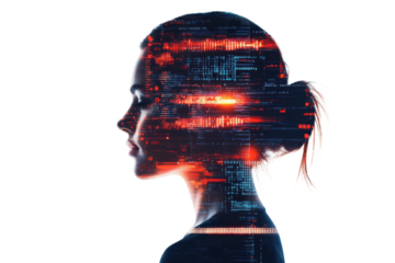 Digital art showcases a woman's profile blended with vibrant technological patterns and data streams in a contemporary style