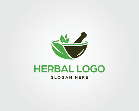 Green mortar and pestle with leaves and text herbal logo vector template