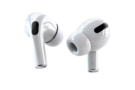 Closeup of white wireless earbuds isolated on transparent background for listening music