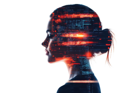 Digital art showcases a woman's profile blended with vibrant technological patterns and data streams in a contemporary style