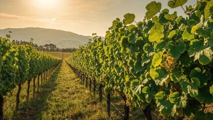 Fototapeta premium Vineyard landscape during sunset with lush grapevines and distant hills. Agricultural and wine production concept. Nature and cultivation. The concept of viticulture and rural scenery