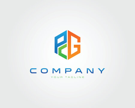 Hexagonal logo with letters P C G in blue green orange on vector template white background graphic